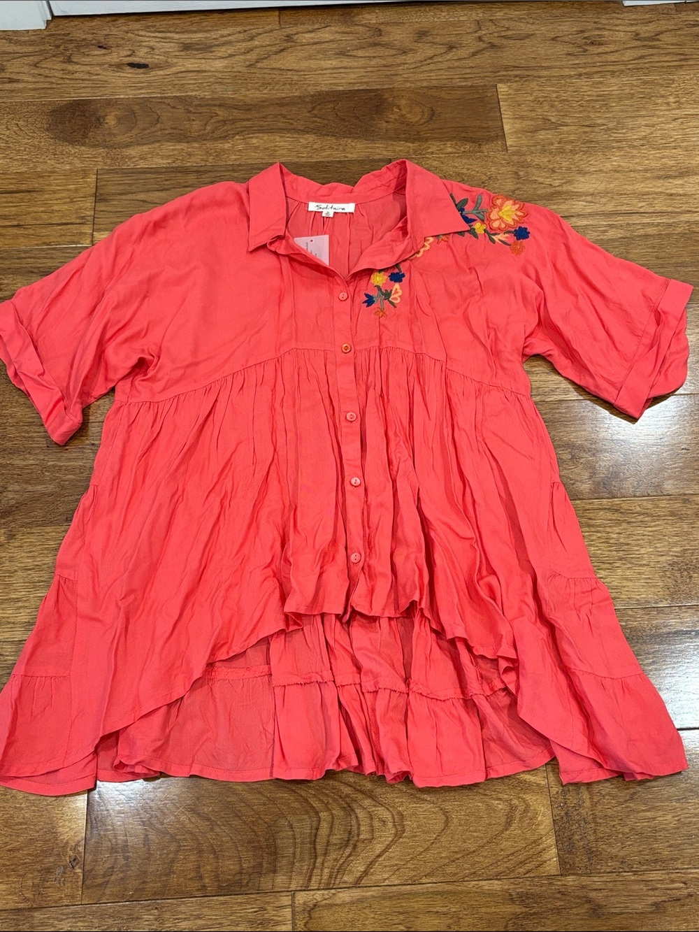 Solitaire Coral Button-Down Tiered Tunic Top with Floral Embroidery